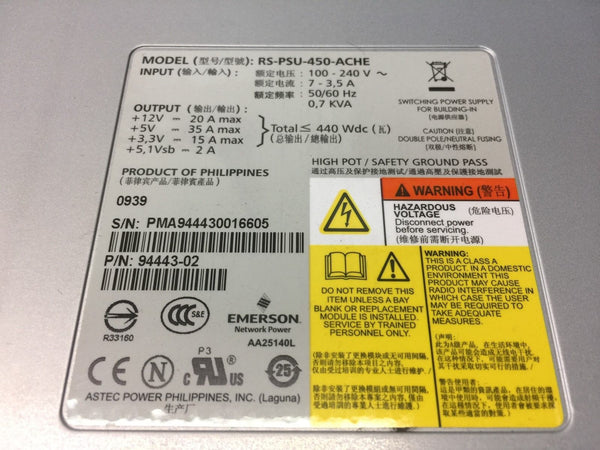 NetApp RS-PSU-450-ACHE 440 Watt Power Supply 100-240v 50/60Hz 94443-02