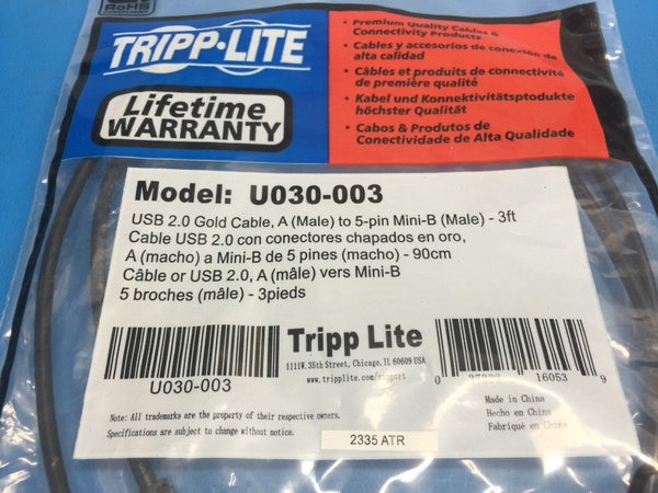 Tripp Lite USB 2.0 Gold A Male to 5-Pin Mini-B Male 3ft U030-003 *Brand New*
