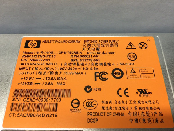 HP 750W Power Supply HSTNS-PD18 511778-001 506822-101 506821-001