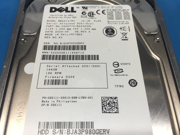 Dell 146GB SAS 15K 3.5" (XK111) MBA3147RC CA06778-B20300DL HDD w/ Caddy