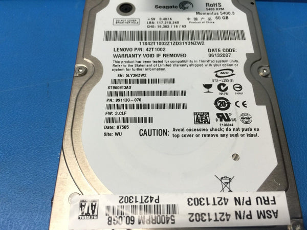 Lenovo 60GB 5400RPM 2.5" 42T1002 ST960813A 9S113C-070 Replacement HDD