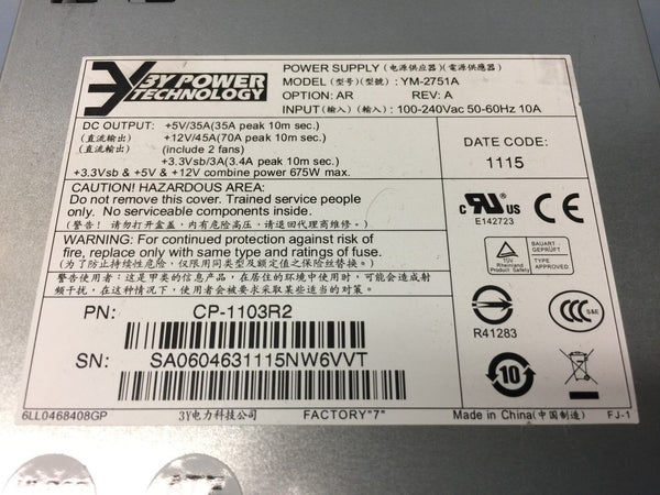 NetApp FAS2020 Power Supply 2200VDC HI-POT CP-1103R2 YM-2751A