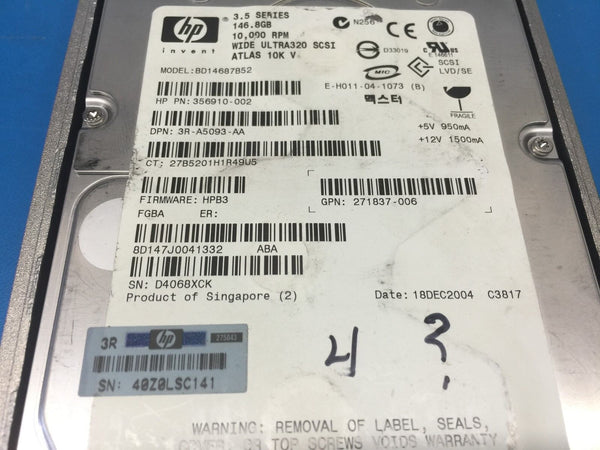 HP 146GB U320 SCSI 10K 3.5" BD14687B52 356910-002 286716-B21 HDD w/ Caddy
