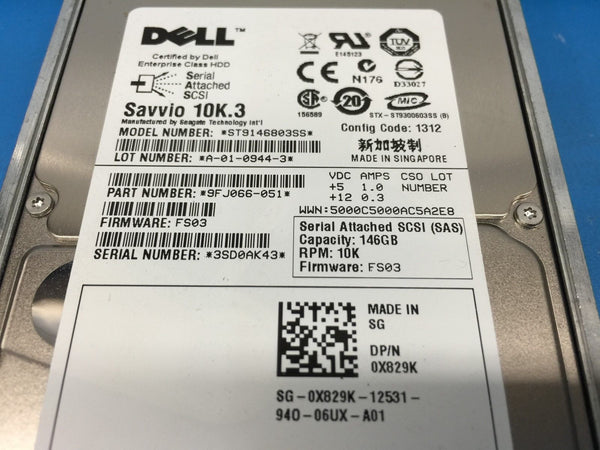 Dell Savvio 146GB SAS 10K 2.5" (X829K) ST9146803SS 9FJ066-051 HDD w/ Caddy